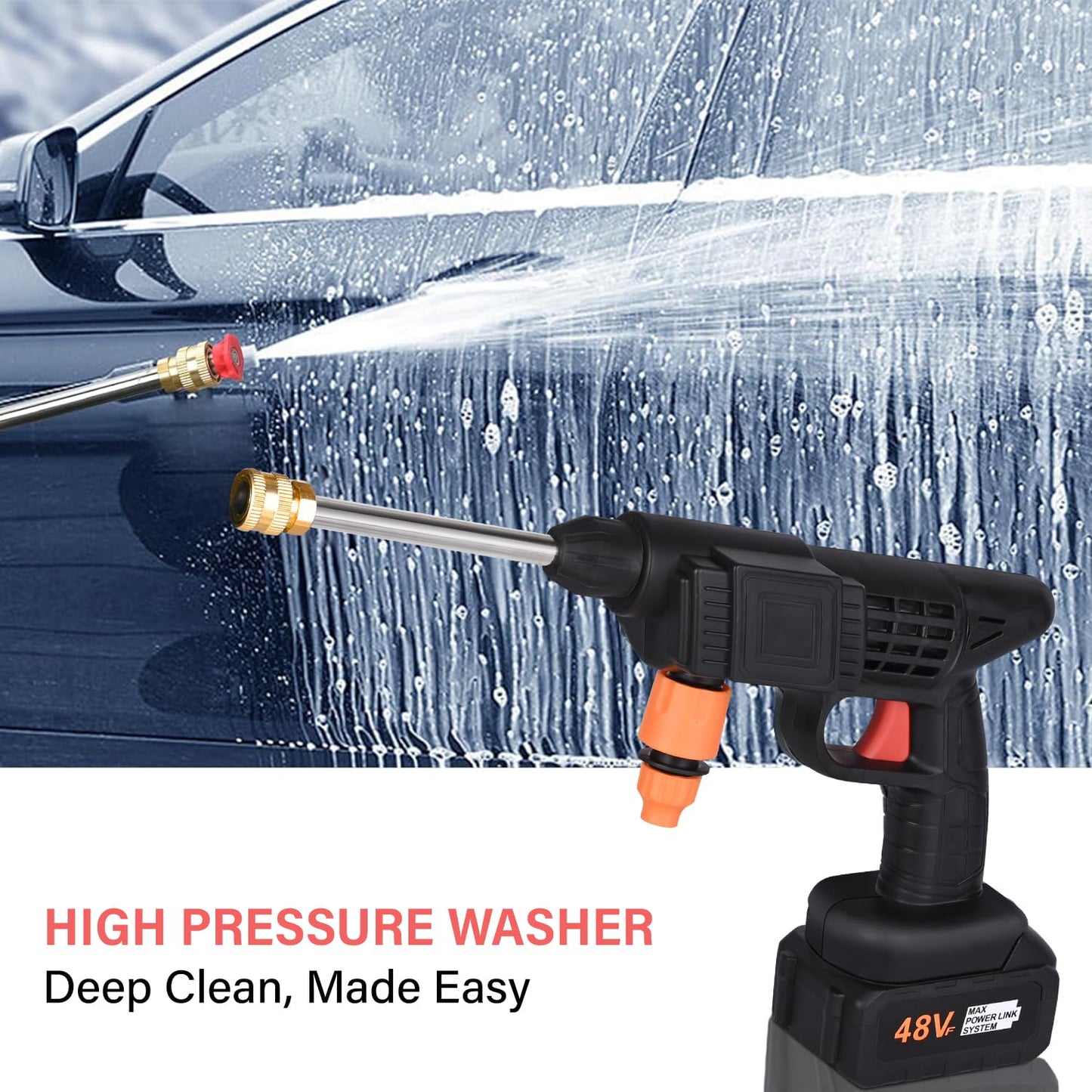 48V Cordless High Pressure Car Washer – 12000mAh | 5M Hose | Adjustable Nozzle