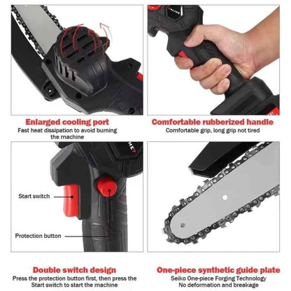 Cordless Battery-Powered Electric Chainsaw for Tree Trimming & Wood Cutting