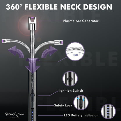 Electric Rechargeable Plasma Gas Lighter – 360° Flexible, Windproof, USB Type-C, 1 Year Warranty | Kitchen & Pooja Use