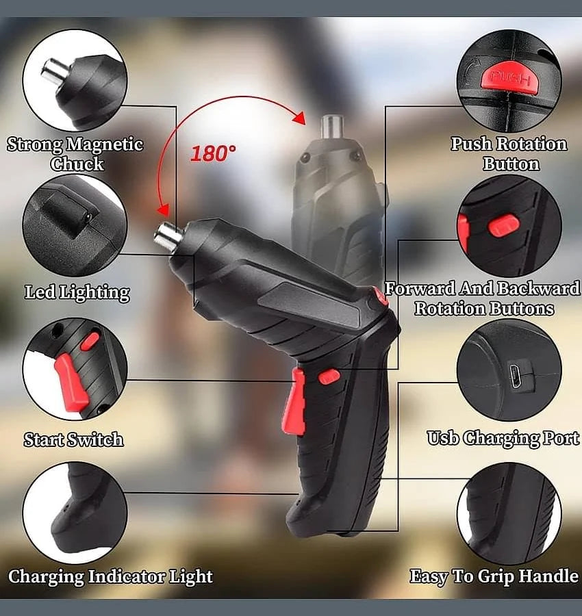 Rechargeable 3.6V Electric Screwdriver with Rotating Handle & 30-Piece Bit Set | USB Charging | Compact & Powerful
